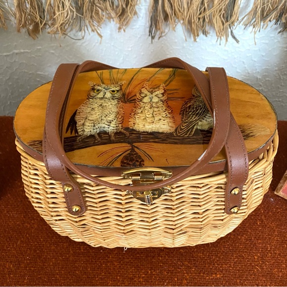Vintage MCM Cappelli Straworld Wicker Purse w/ Owls on Wood Lid - Picture 2 of 15